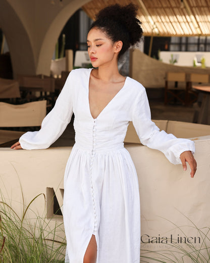 Linen deep V-neck maxi dress