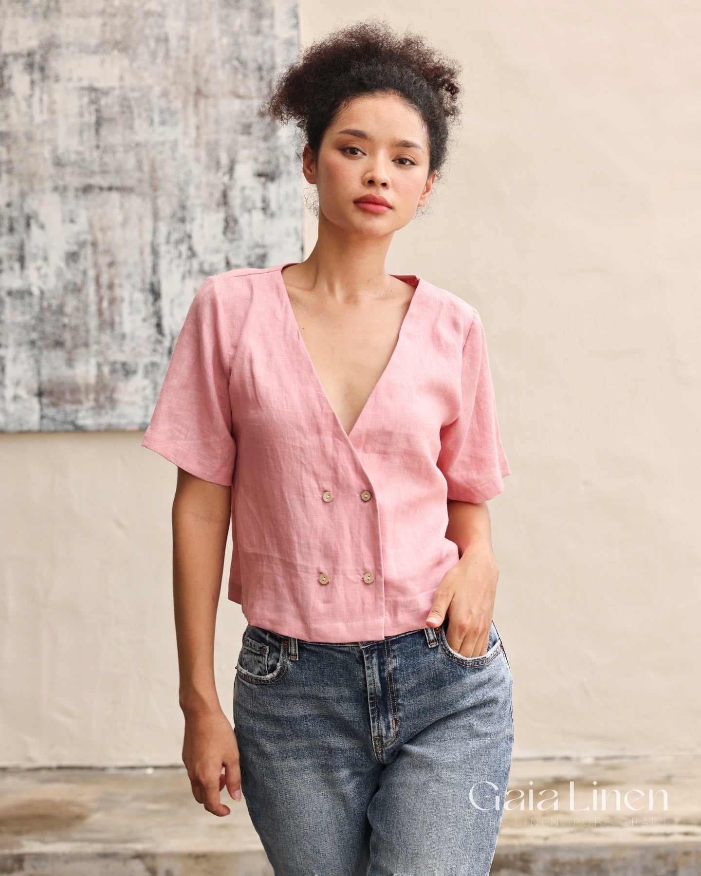 Linen deep V-neck top