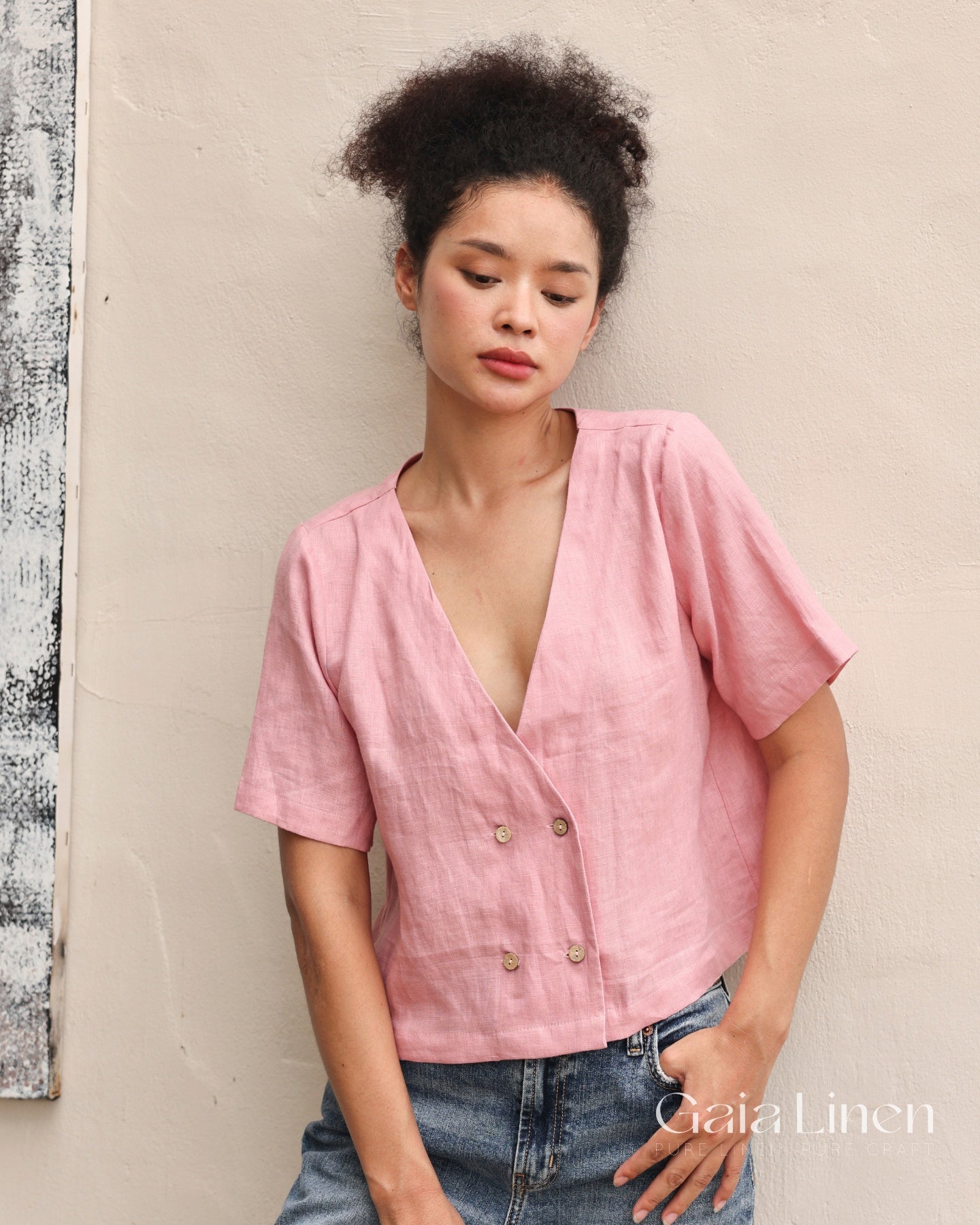 Linen deep V-neck top