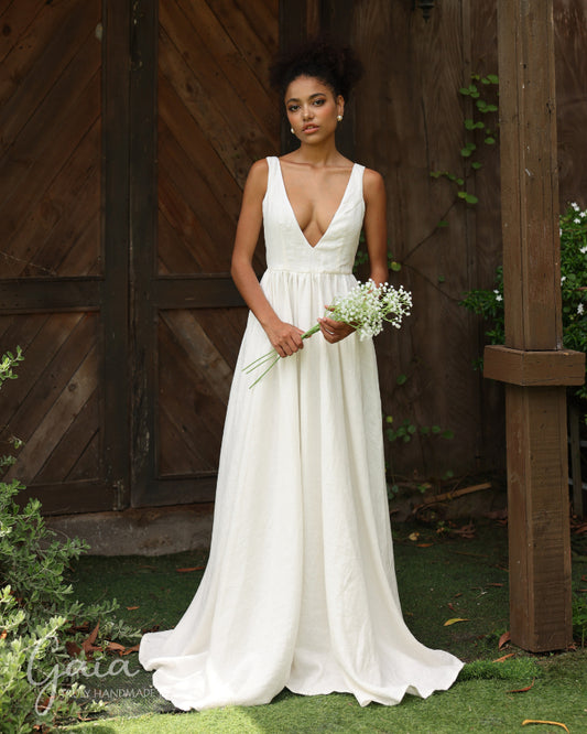 Linen deep V wedding dress