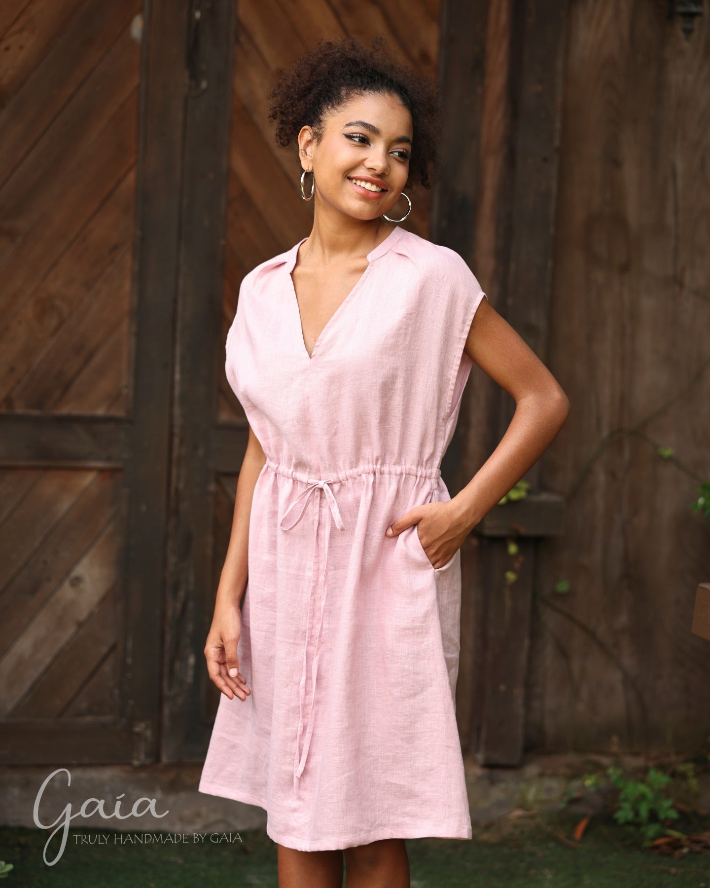 Linen drawstring waist dress