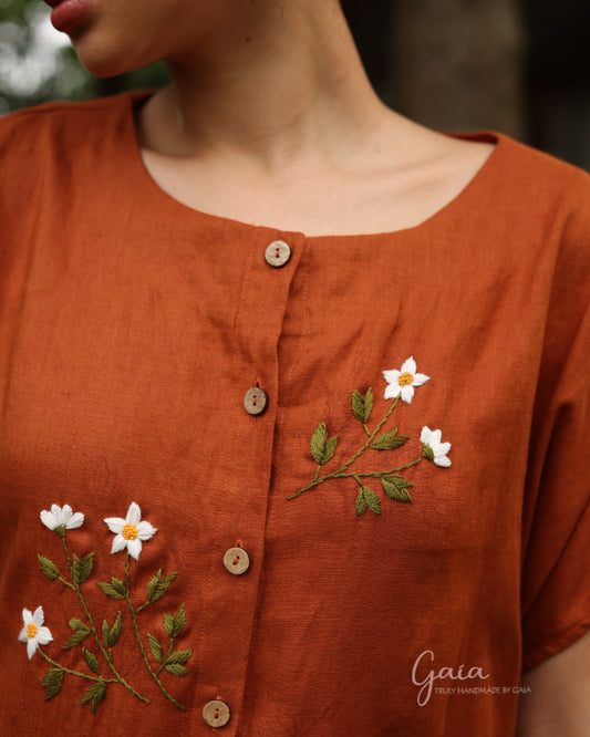 Casual linen dress with handmade embroidery