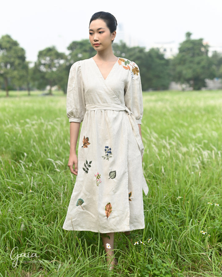 Linen Dress Tie Waist with Handmade Embroidery Leah Linen Dress Tie Waist with Handmade Embroidery Leah