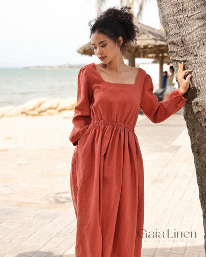 Linen dress with elastic waist