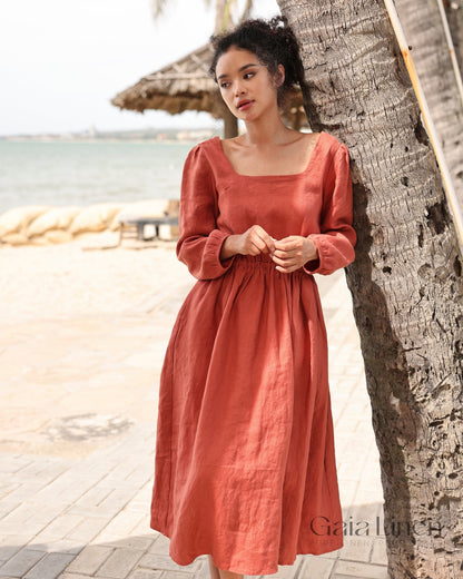 Linen dress with elastic waist