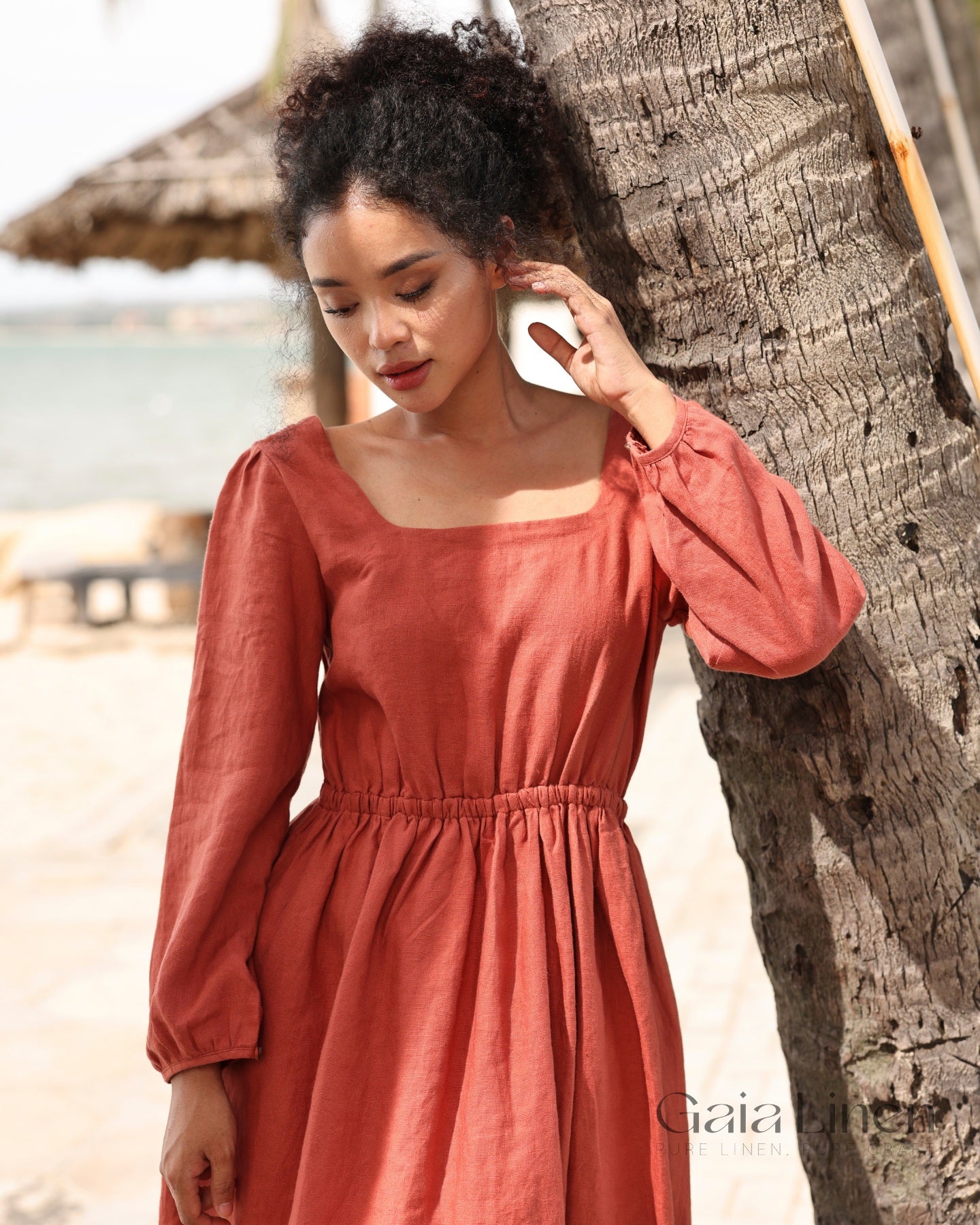 Linen dress with elastic waist