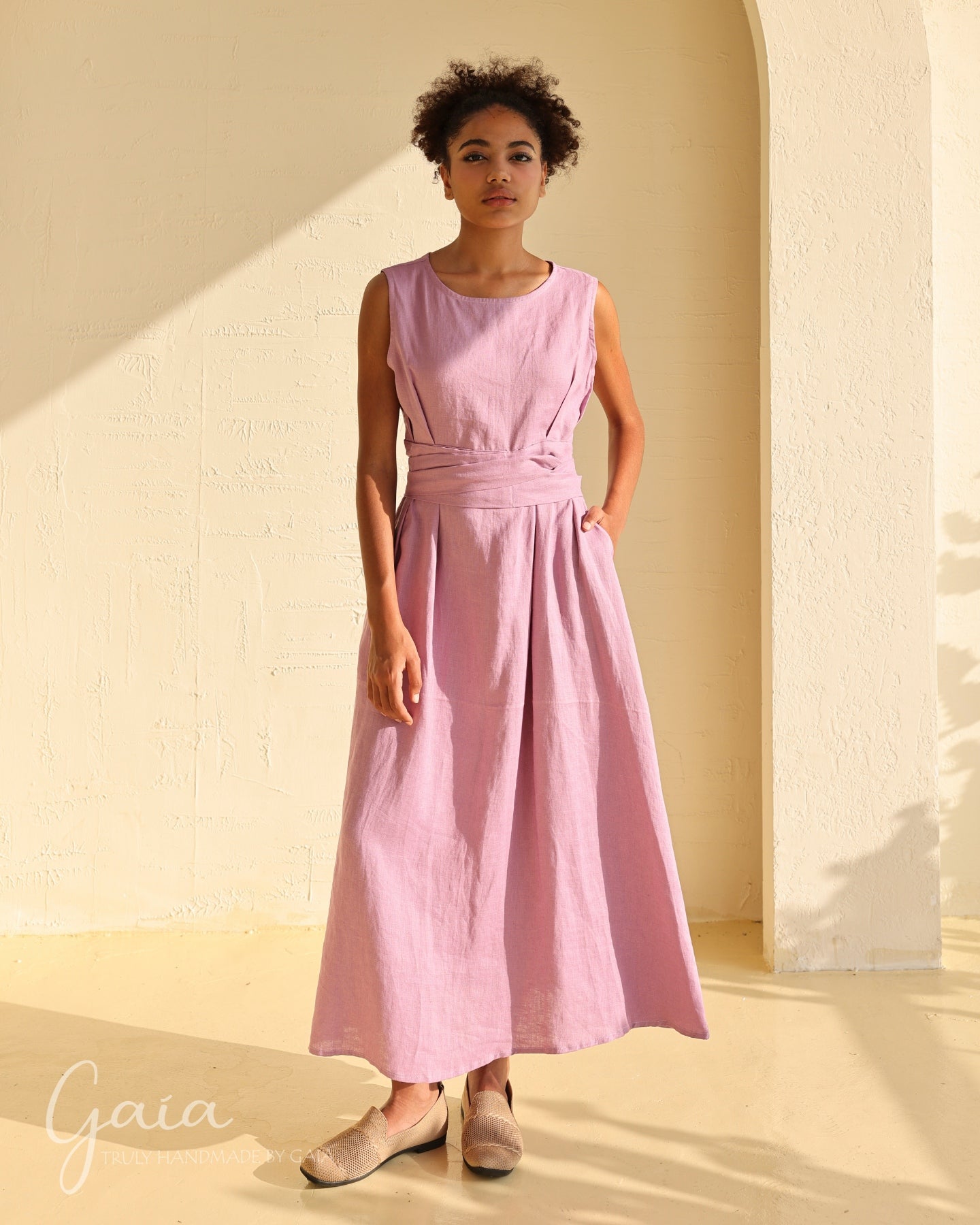 Linen dress with tie waist