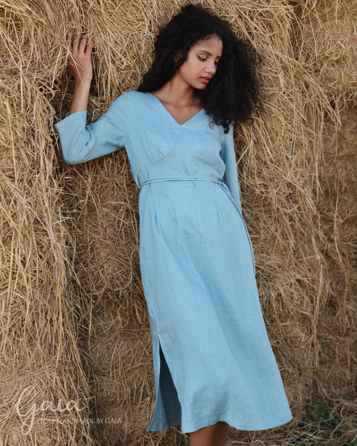 Linen dress with waist tie