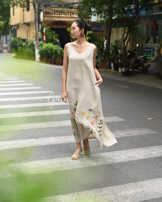 Linen embroidered maxi dress