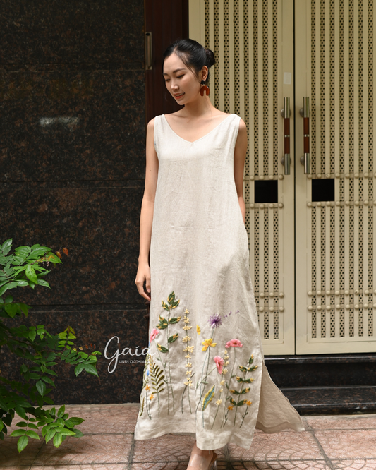 Linen embroidered maxi dress