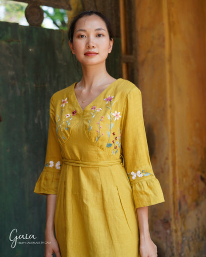 Linen floral hand embroidered cocktail dress