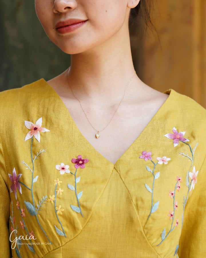 Linen floral hand embroidered cocktail dress