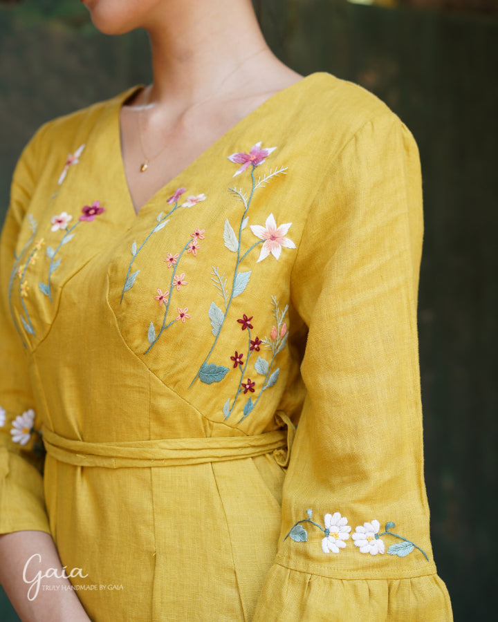 Linen floral hand embroidered cocktail dress