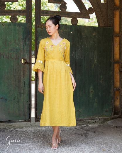 Linen floral hand embroidered cocktail dress