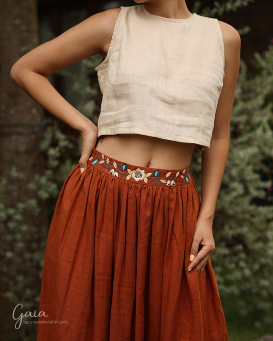 Linen floral hand-embroidered skirt 