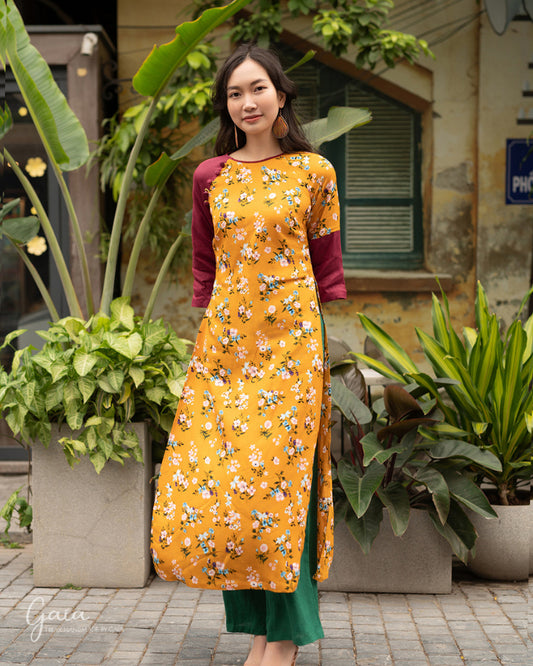 Linen floral Vietnamese female dress