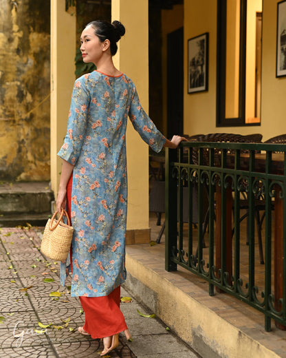 Linen floral Vietnamese national dress