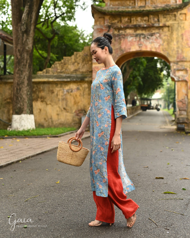 Linen floral Vietnamese national dress