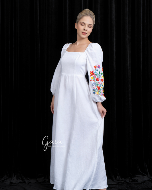 Linen floral wedding dress