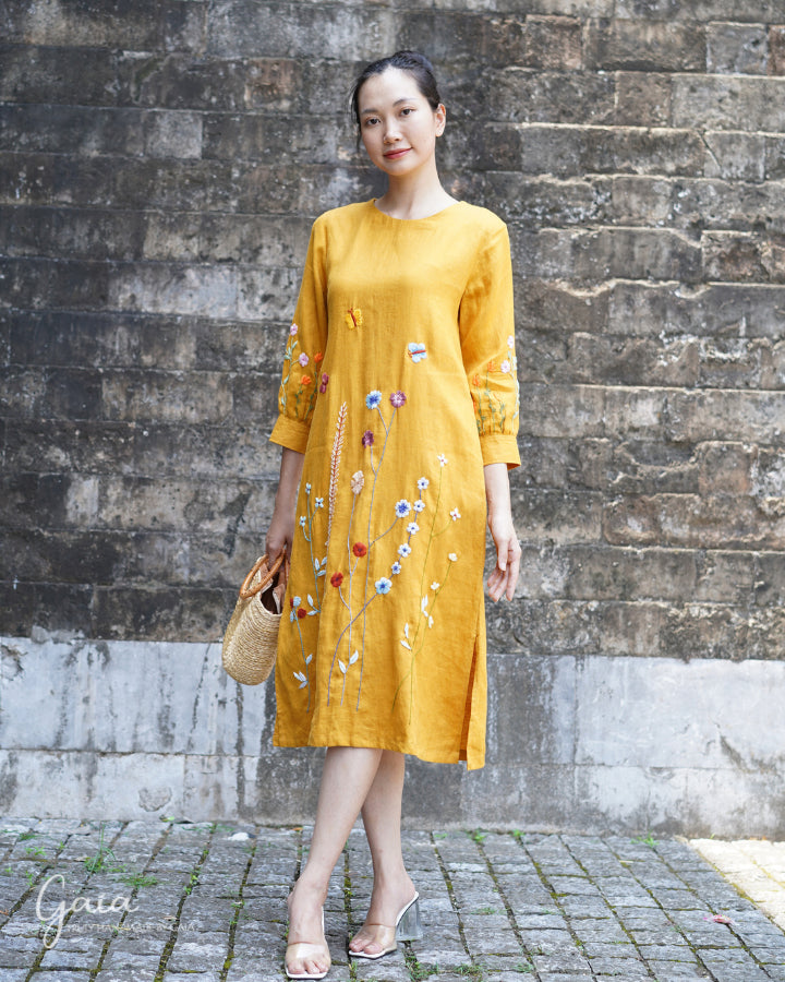 Linen flower hand-embroidered dress DARIA