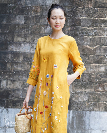 Linen flower hand-embroidered dress DARIA