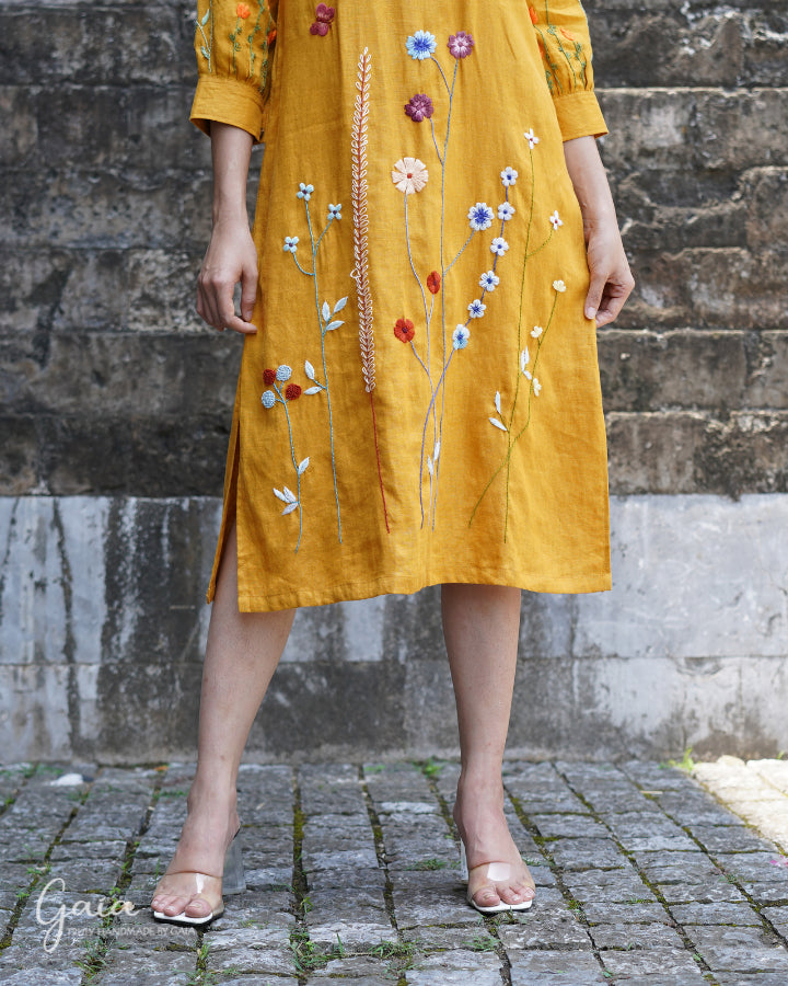 Linen flower hand-embroidered dress DARIA