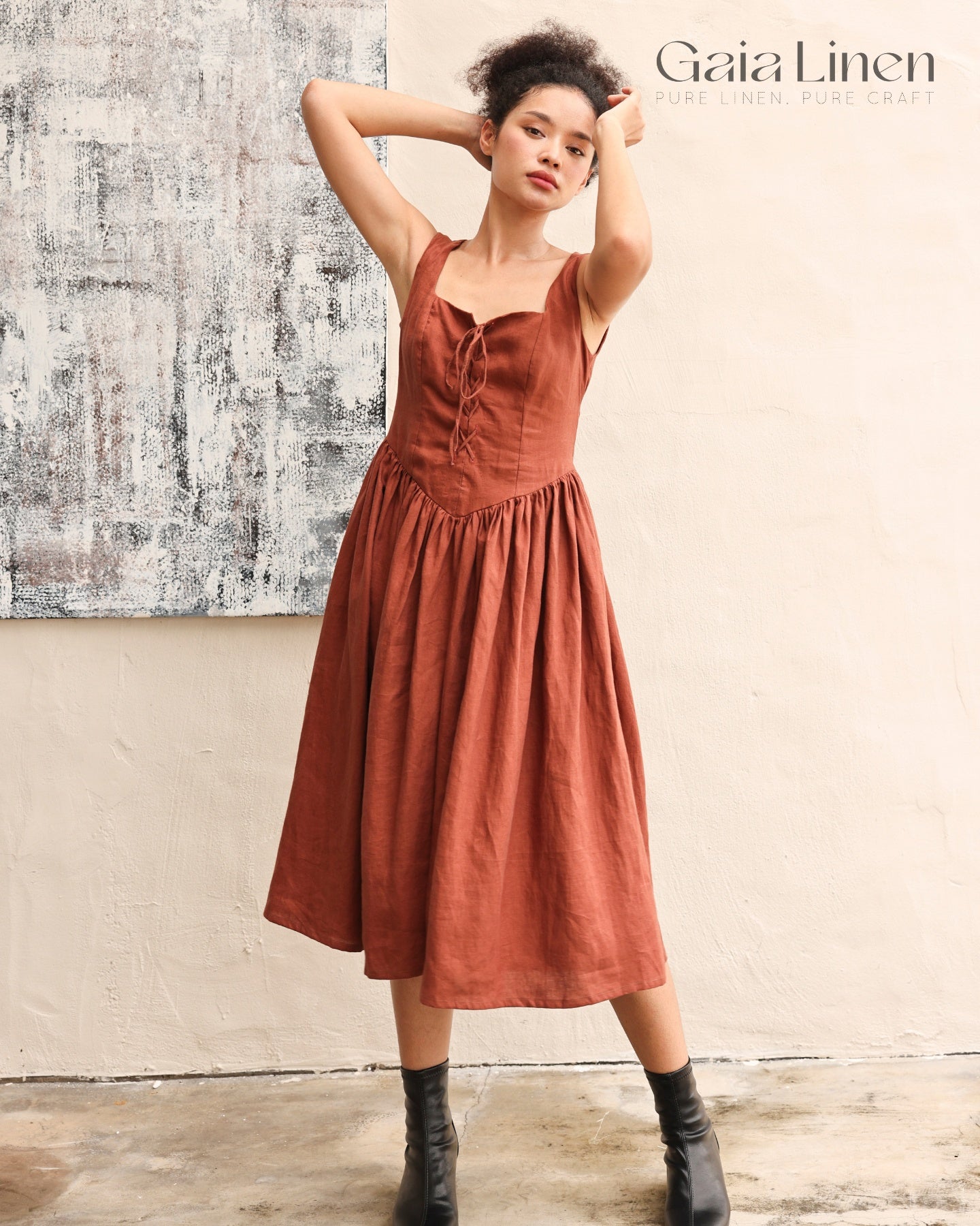 Linen front lace-up dress