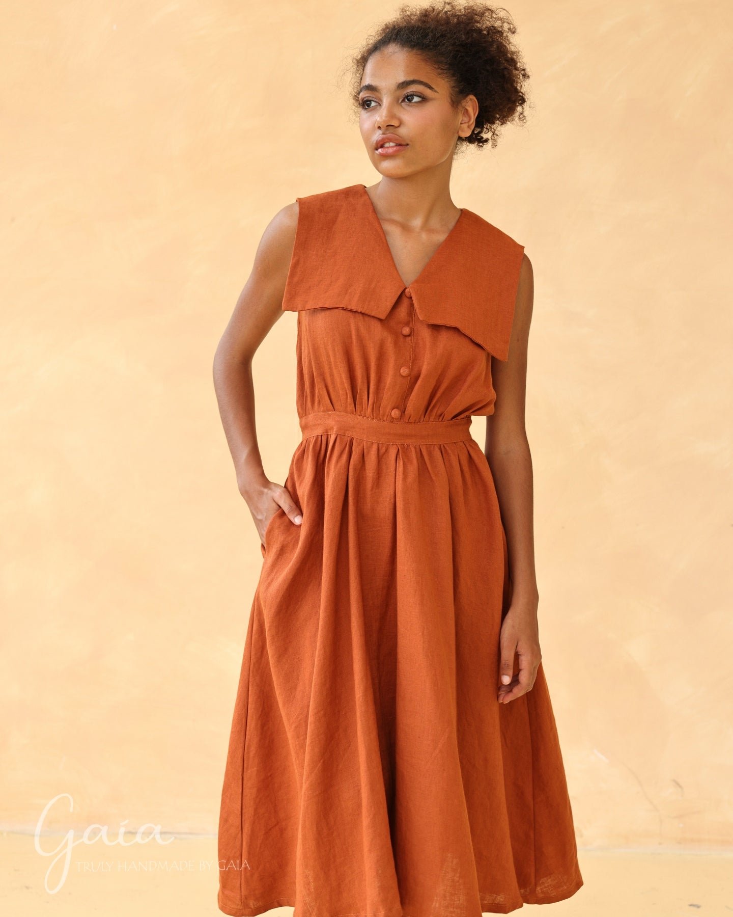 Linen gathered waist dress