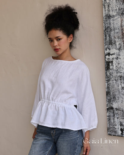 Linen gathered waist top