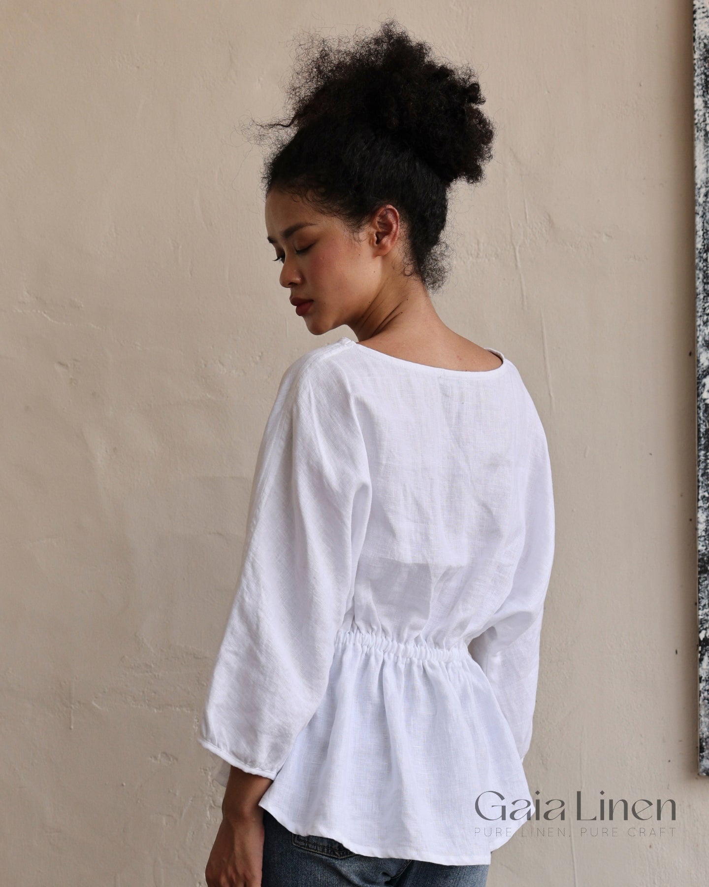 Linen gathered waist top