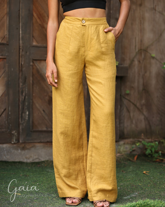 Linen half elastic waistband pants