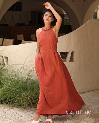 Linen halter asymmetrical dress