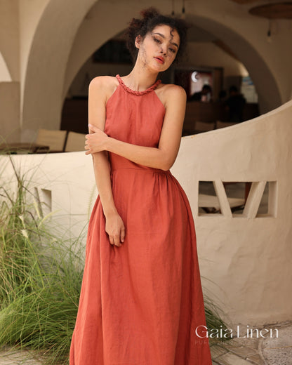 Linen halter asymmetrical dress