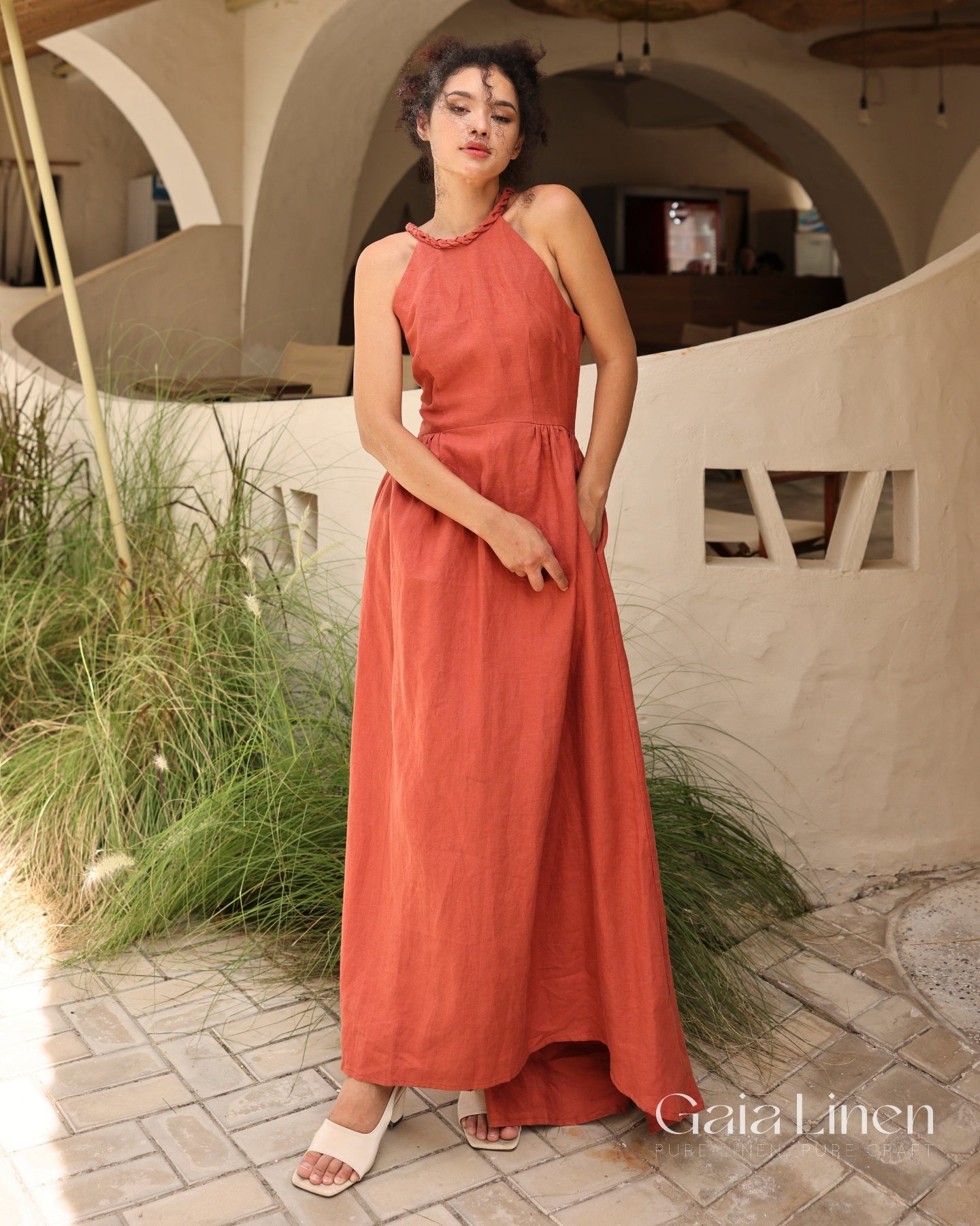 Linen halter asymmetrical dress