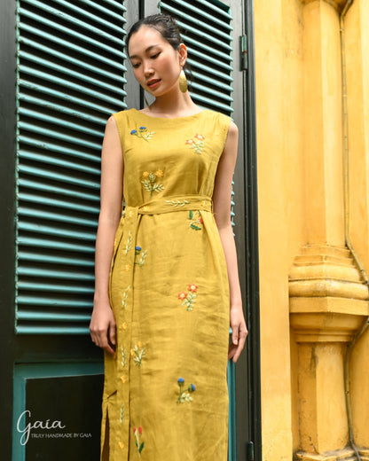 Linen hand embroidered long sleeveless dress