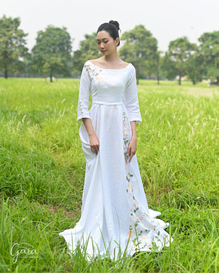 Linen hand-embroidered wedding gown