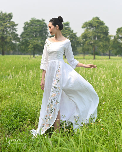 Linen hand-embroidered wedding gown