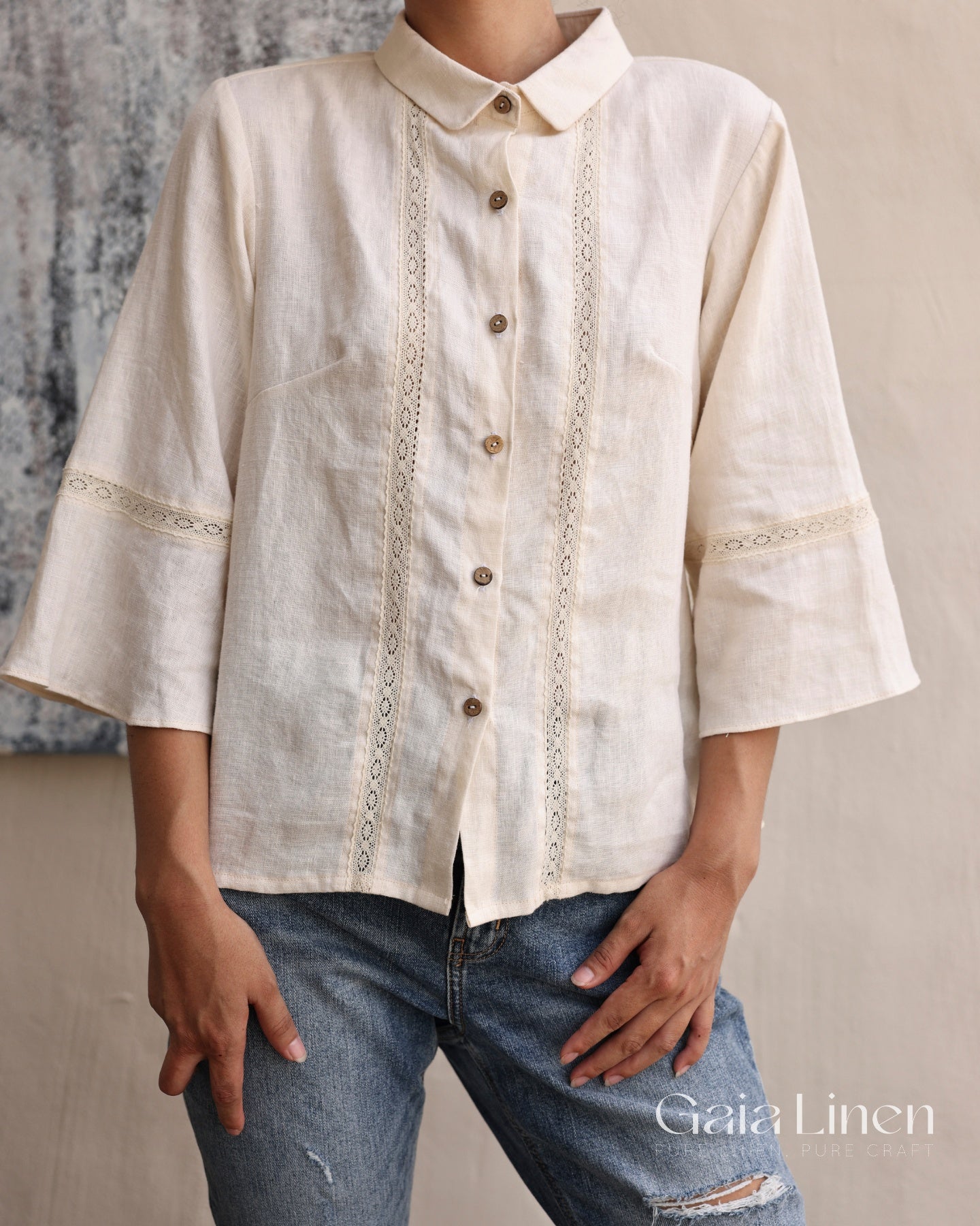 Linen lace trim shirt