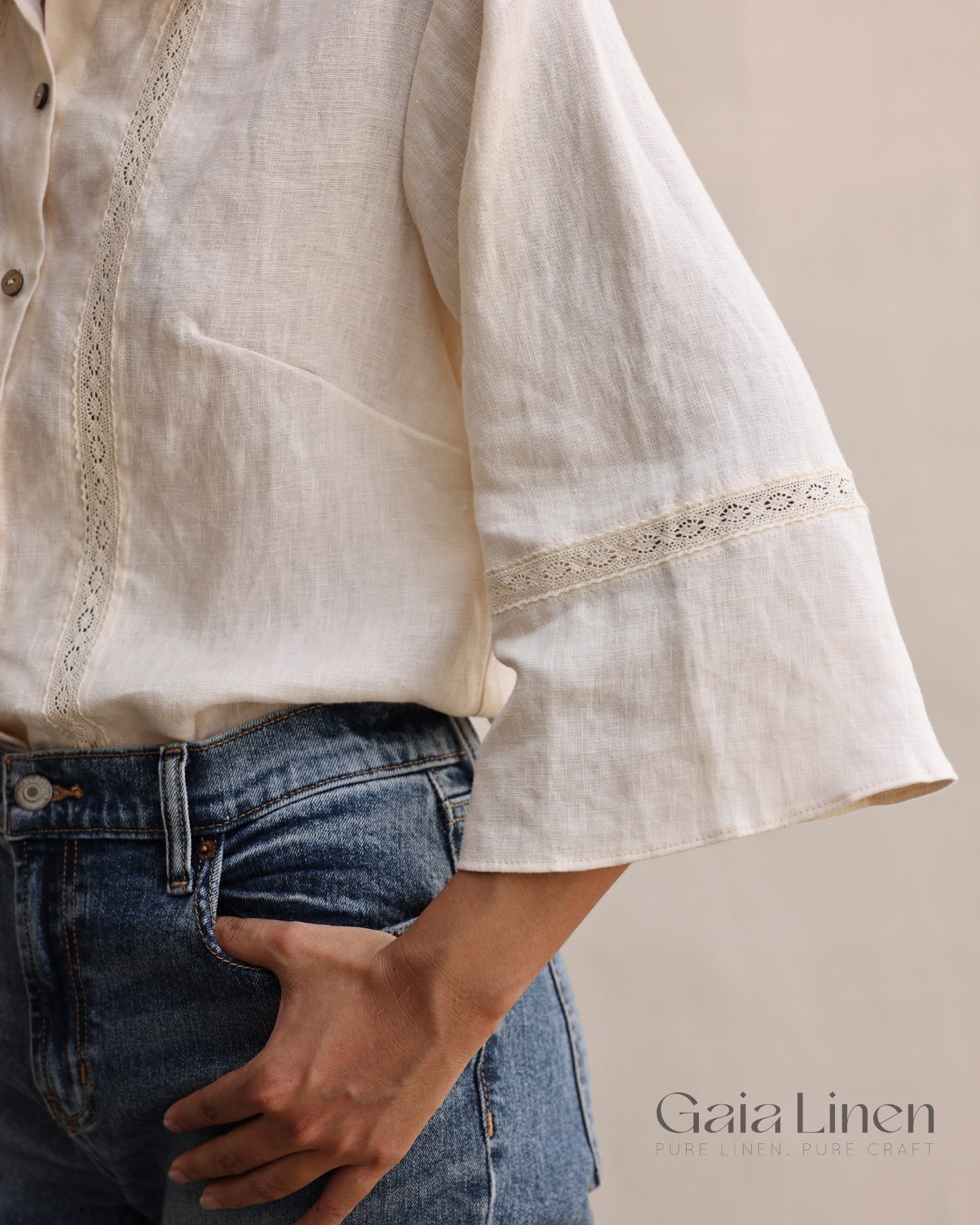 Linen lace trim shirt