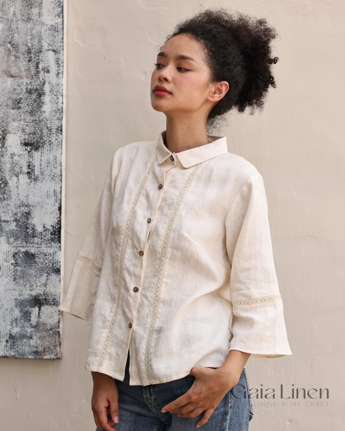 Linen lace trim shirt