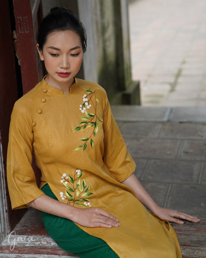 Linen long dress Vietnamese with handmade embroidery