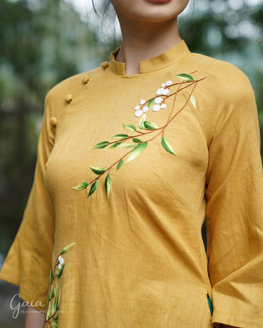 Linen long dress Vietnamese with handmade embroidery