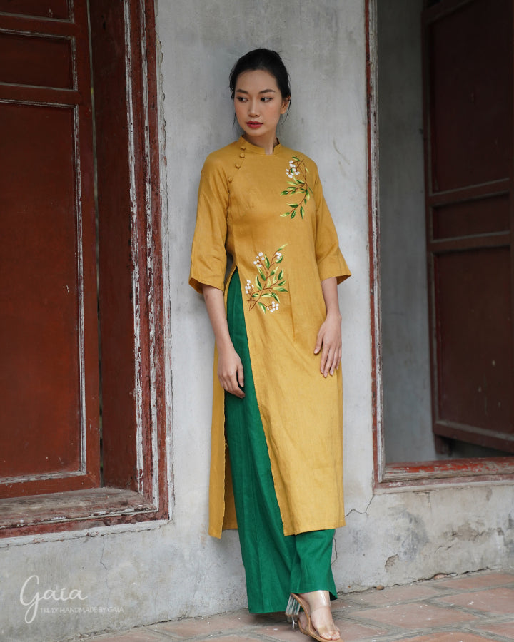 Linen long dress Vietnamese with handmade embroidery