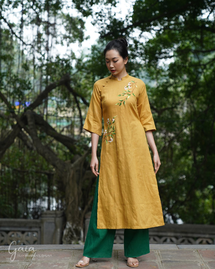 Linen long dress Vietnamese with handmade embroidery