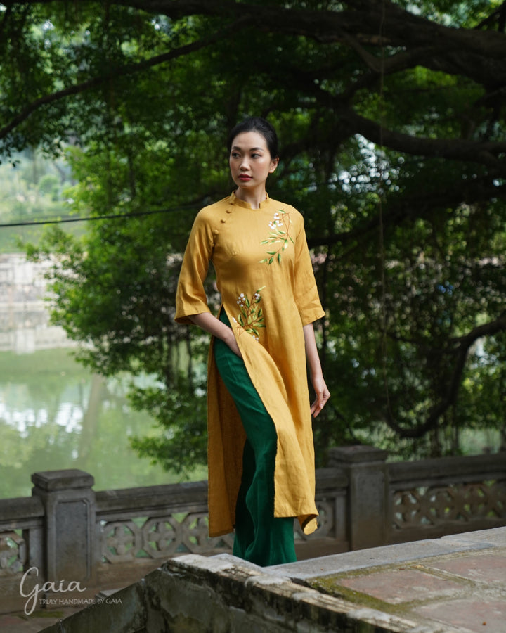 Linen long dress Vietnamese with handmade embroidery