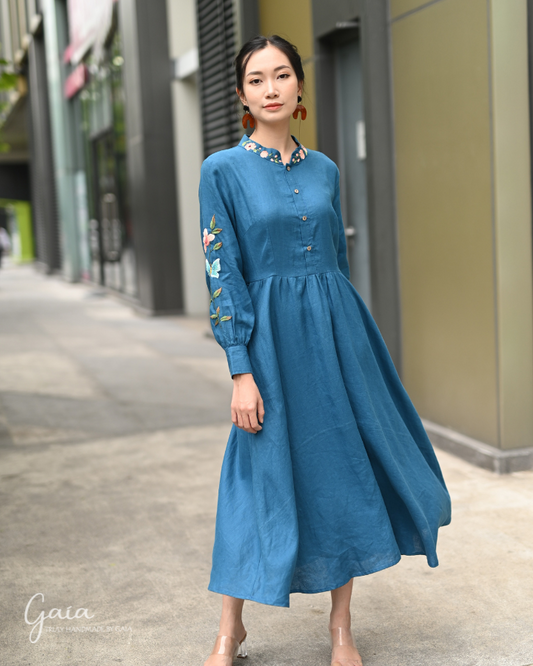 Linen long sleeve dress with handmade embroidery