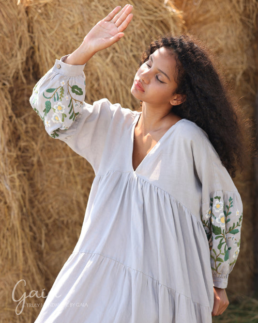 Hand-embroidered linen maxi trapeze dress