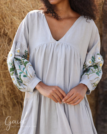 Hand-embroidered linen maxi trapeze dress