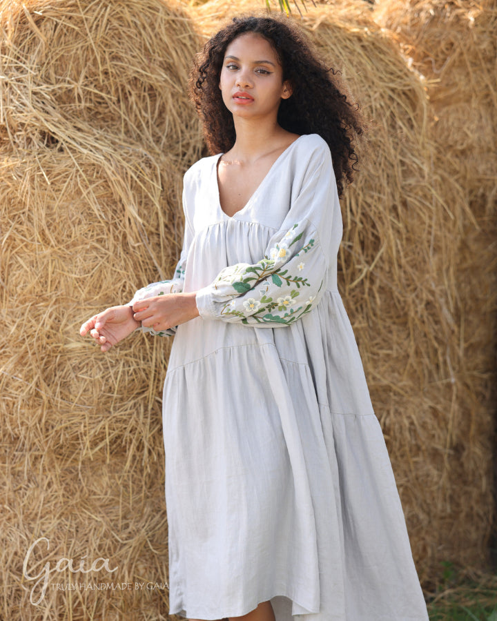 Hand-embroidered linen maxi trapeze dress