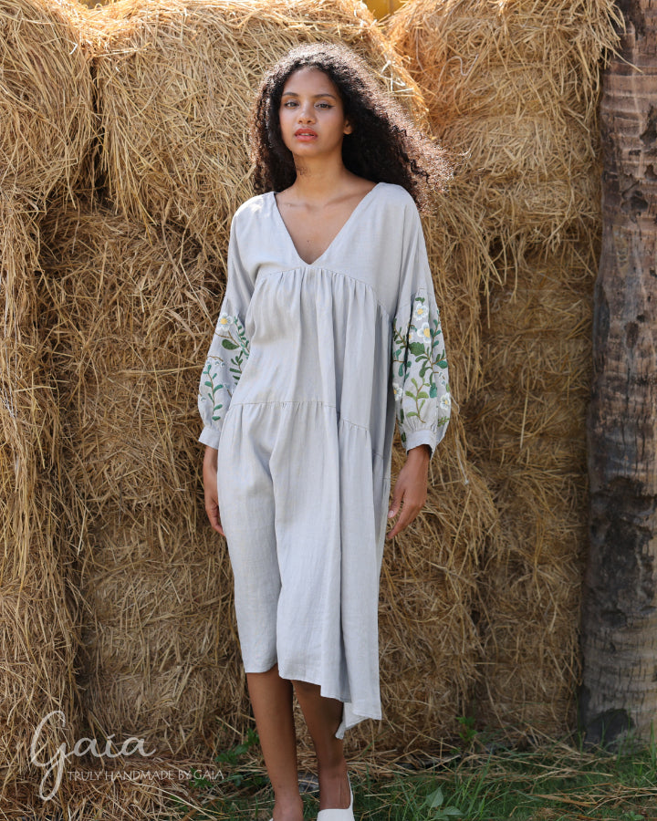 Hand-embroidered linen maxi trapeze dress